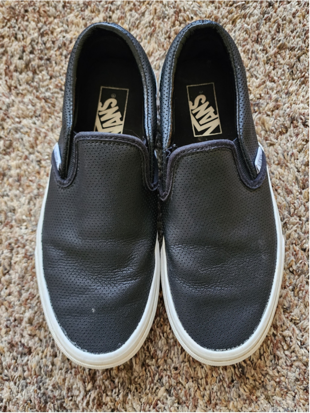 Vans Asher Perforated Leather Slip On Black White Womens 7.5 EUC